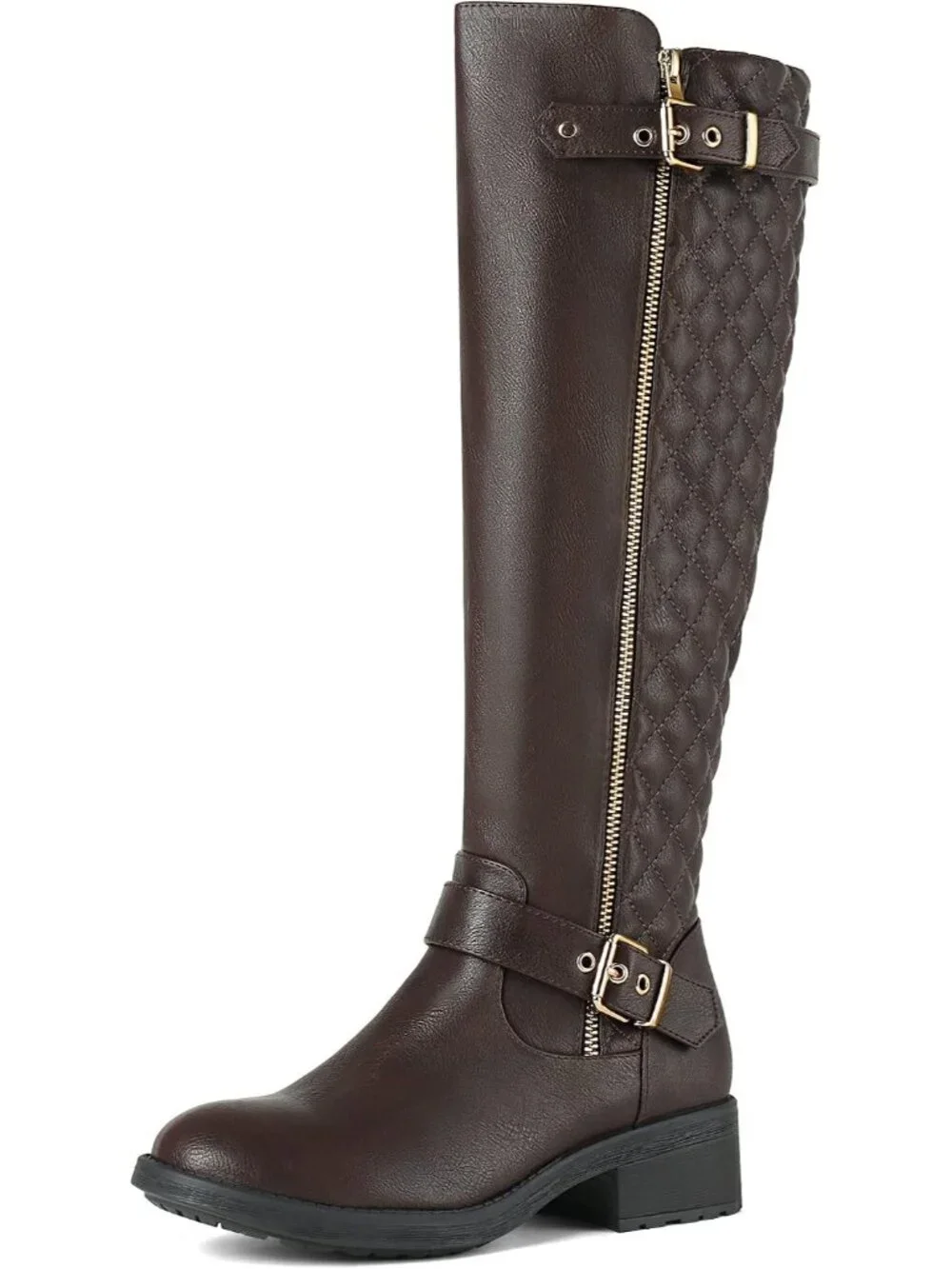 Women's Brown Comfortable Chunky Block Heel Round Toe Side Zipper Knee High Boot